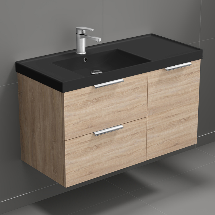 Nameeks LISBON27 Modern Bathroom Vanity With Black Sink, Wall Mounted, Single, 36 Inch, Brown Oak